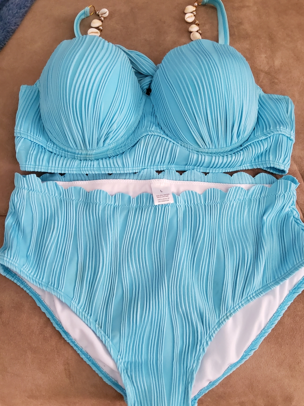 Light Blue Textured Bikini Set with Shell Strap Accents